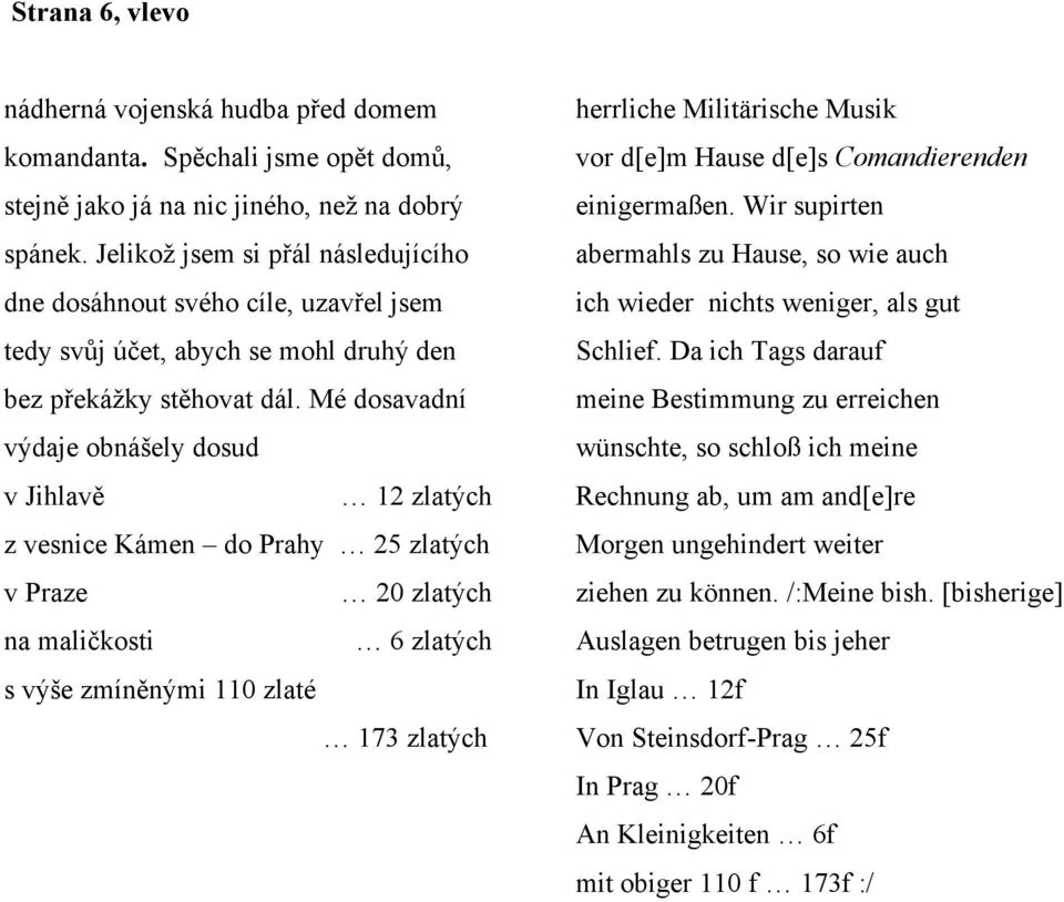 Mé dosavadní výdaje obnášely dosud v Jihlavě 12 zlatých z vesnice Kámen do Prahy 25 zlatých v Praze 20 zlatých na maličkosti 6 zlatých s výše zmíněnými 110 zlaté 173 zlatých herrliche Militärische