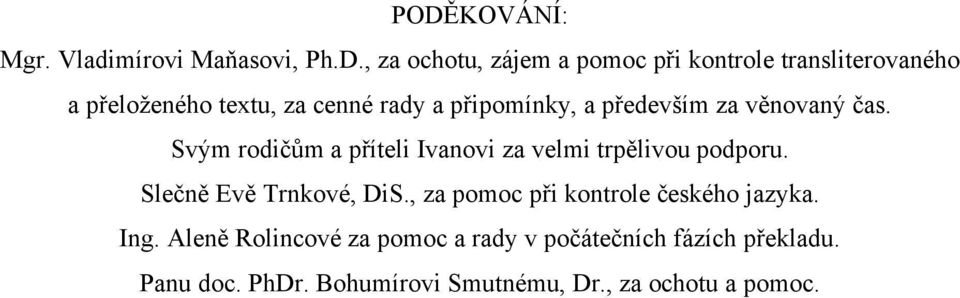 Svým rodičům a příteli Ivanovi za velmi trpělivou podporu. Slečně Evě Trnkové, DiS.