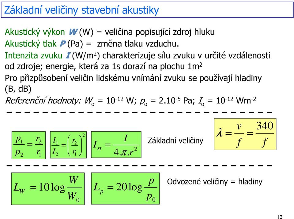 přizpůsobení veličin lidskému vnímání zvuku se používají hladiny (B, db) Referenční hodnoty: W o = 10-12 W; p o = 2.