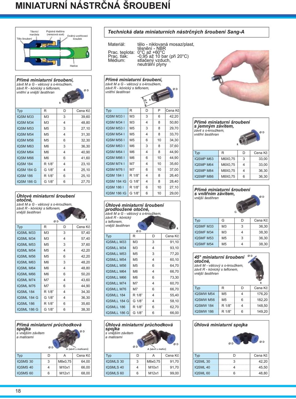 tlak: Médium: -0,95 až 10 bar (pøi 20 C) stlaèený vzduch, neutrální plyny Pøímé miniaturní šroubení, závit M a - válcový s o-kroužkem, závit - kónický vnitøní a Pøímé miniaturní šroubení, závit M a -