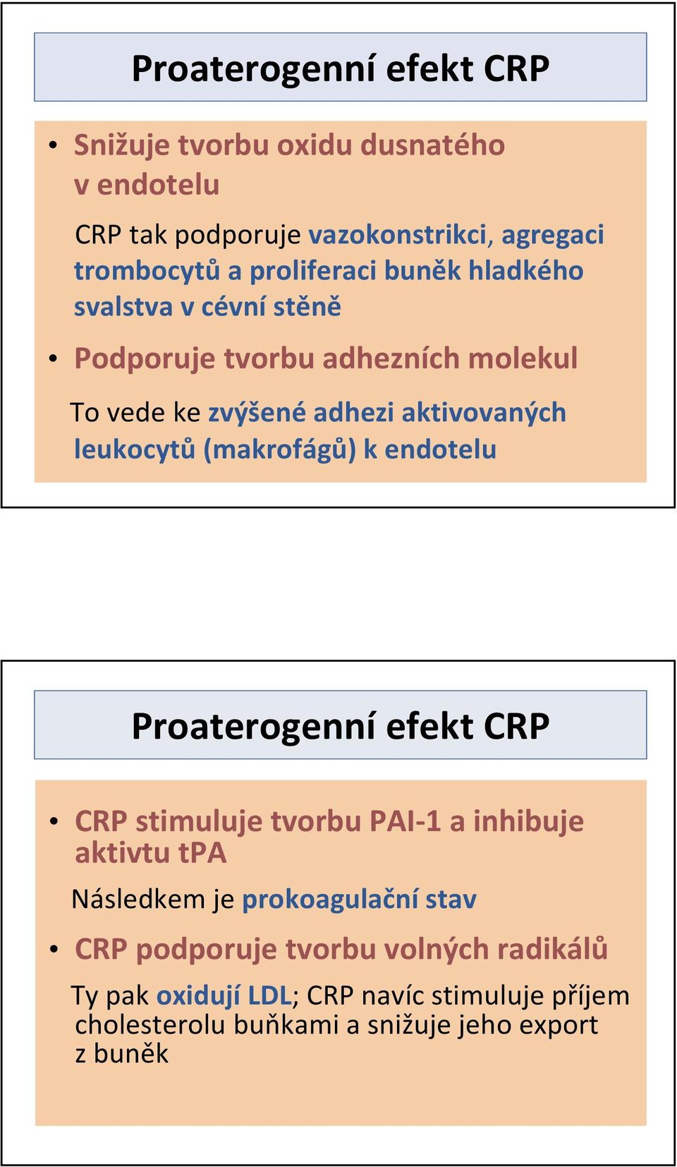 aktivovaných leukocytů(makrofágů) k endotelu Proaterogenní efekt CRP CRP stimuluje tvorbu PAI-1 a inhibuje aktivtu tpa Následkem