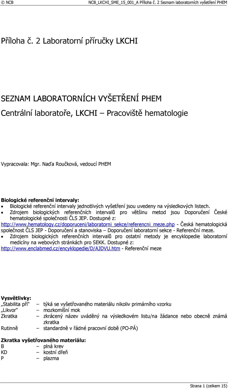 Zdrojem biologických referenčních intervalů pro většinu metod jsou Doporučení České hematologické společnosti ČLS JEP. Dostupné z: http://www.hematology.