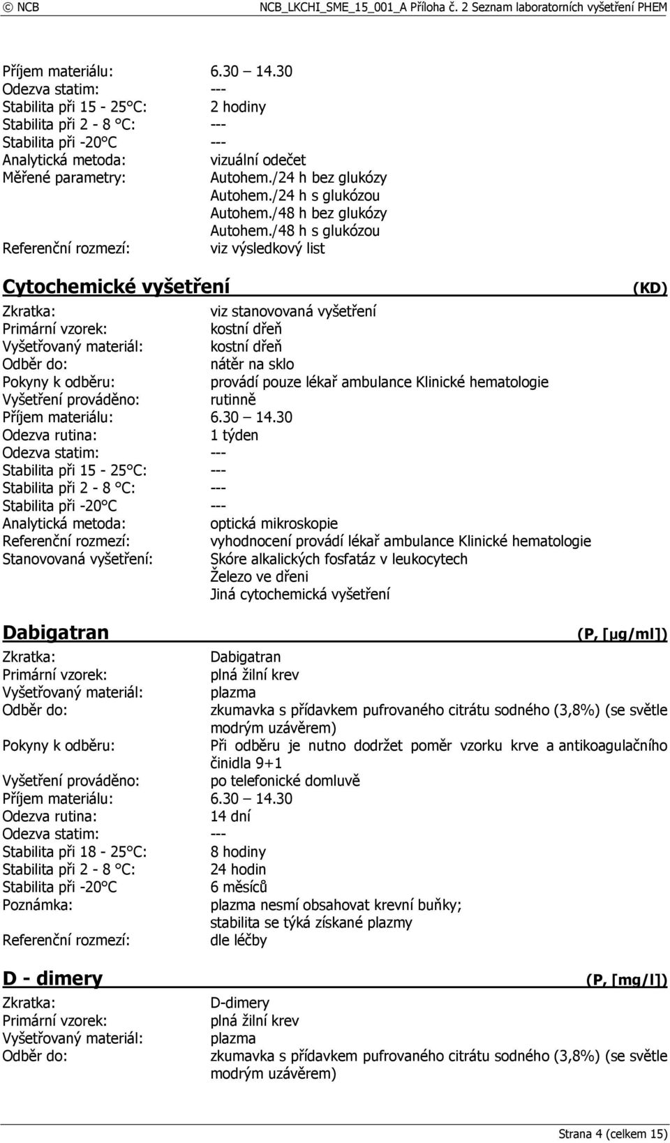 při 15-25 C: --- Analytická metoda: optická mikroskopie Referenční rozmezí: vyhodnocení provádí lékař ambulance Klinické hematologie Stanovovaná vyšetření: Skóre alkalických fosfatáz v leukocytech