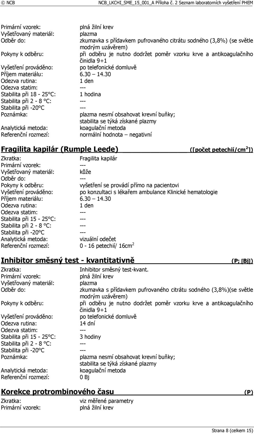 Stabilita při 15-25 C: --- Referenční rozmezí: 0-16 petechií/ 16cm 2 Inhibitor směsný test - kvantitativně (P; [Bj]) Inhibitor směsný test-kvant.