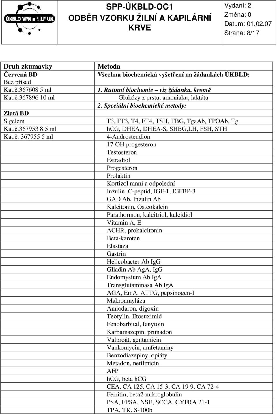Speciální biochemické metody: T3, FT3, T4, FT4, TSH, TBG, TgaAb, TPOAb, Tg hcg, DHEA, DHEA-S, SHBG,LH, FSH, STH 4-Androstendion 17-OH progesteron Testosteron Estradiol Progesteron Prolaktin Kortizol