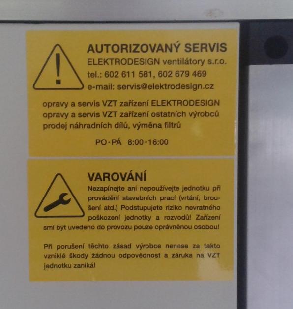 Náhradní díly Záruční, pozáruční servis a náhradní díly lze objednat u firmy ELEKTRODESIGN ventilátory spol. s r.o. Výrobce může servisem pověřit vyškolené autorizované servisní firmy.