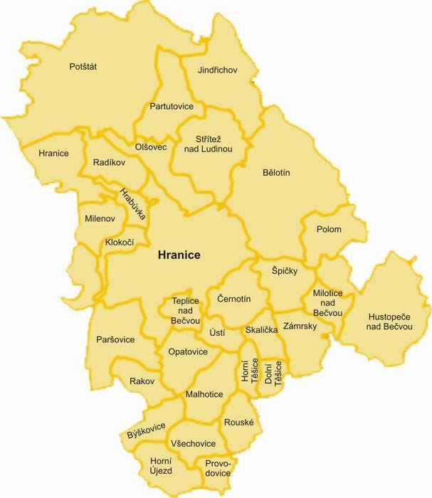 Území MAS = Region Hranicko = ORP Hranice - 31 obcí - přes 34