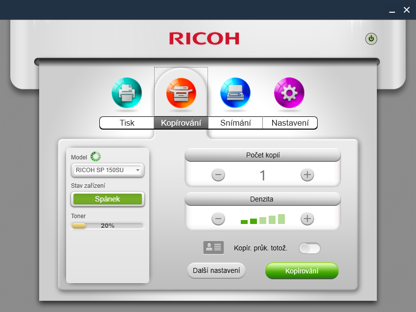 Kopírování (podporuje pouze model SP 150SU) Nastavení provedená pomocí této aplikace se uplatňují pouze v případě, že je tiskárna ovládána prostřednictvím aplikace.
