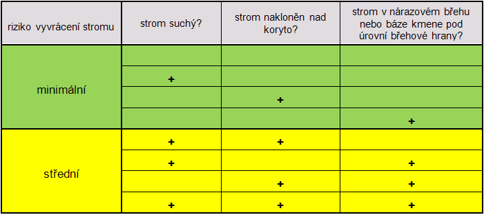 Hodnocení rizika vyvrácení stromů v břehovém porostu Destabilizační faktory: 1. Strom je suchý nebo zmlazující pouze v oblasti baze kmene. 2.