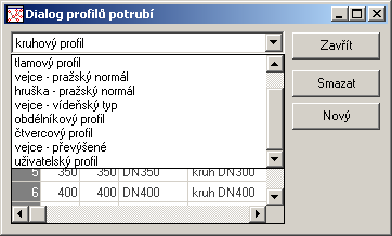 2.9.5 Přiřazení definice profilu potrubí k úseku potrubí Součástí programu je již vytvořená databáze nejužívanějších profilů. Do databáze lze vkládat nové profily, editovat i mazat stávající.