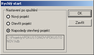 2. JAK NA TO 2.1. Otevření programu HYDRONet 3 Klikem levého tlačítka myši na ikonu zástupce programu na ploše obrazovky se otevře dialogové okno Rychlý start pro volbu nastavení spuštění programu.