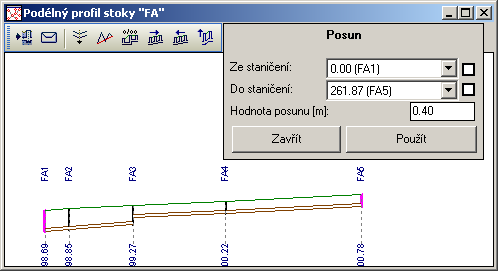 2.16.2.5. Výškový posun stoky, výběru v podélném profilu Funkce posouvá celou stoku, resp. výběr o zadanou hodnotu.