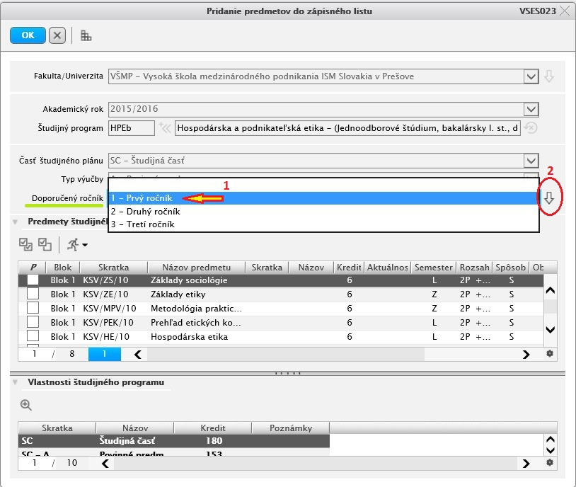 5. Ako Doporučený ročník zvoľte ročník v ktorom ste daný predmet nespravili (krok 1).