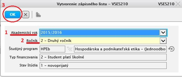 2. V zozname štúdií vyberte svoje štúdium (krok 1) a kliknite na šípku dole v pravej časti okna (krok 2) 3. Zvoľte záložku "Zápisné listy" 4.