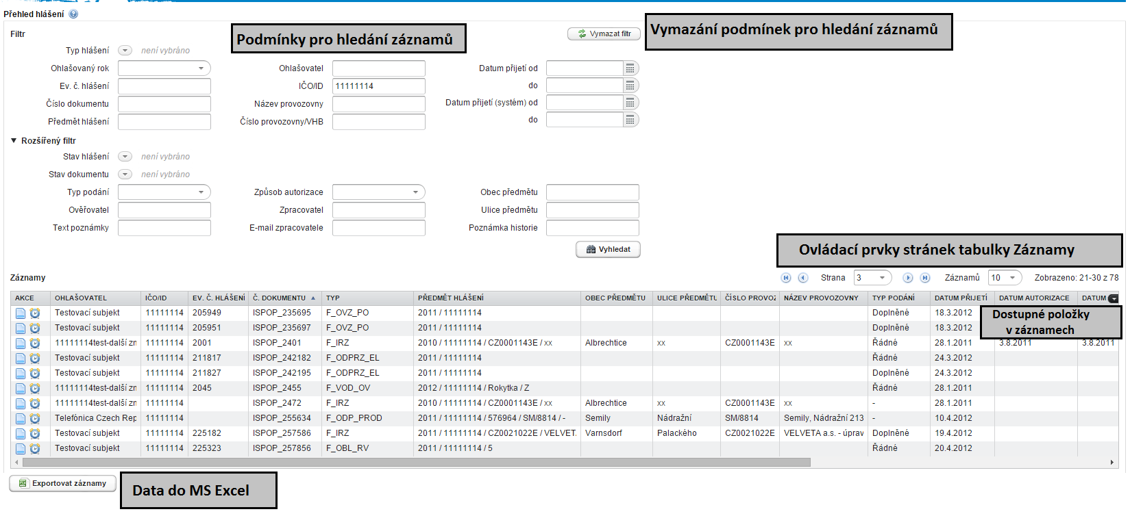 Uspořádání přehledu a použité prvky jsou patrné z následujícího obrázku: Podmínky pro hledání záznamů (vyhledávací kritéria) slouží pro zadání omezujících kritérií při hledání záznamů zvolením