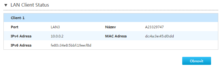 Obrázek 58 LAN stav 2. Klepnutím na Obnovit získáte poslední informaci o stavu LAN včetně MAC Adresy, IPv4 Adresy, IPv6 Adresy, Status a Bytes přijaté/bytes odeslané. 3.