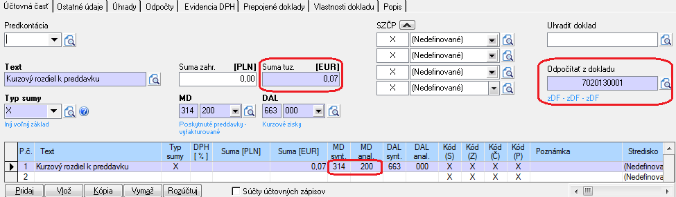 7. Následne vzniknutý kurzový rozdiel zaúčtujeme cez zahraničný interný doklad ručne bez automatického účtovania s dátumom 9.8.