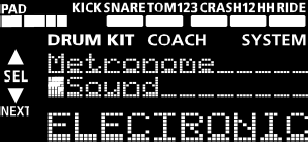 Systémová nastavení Jak upravit Systémové parametry, které ovlivňují celkové fungování TD-4. Zadání zvuku metronomu (METRONOME) 1. Stiskem tlačítka [MENU] se rozsvítí LEDka. Objeví se obrazovka MENU.