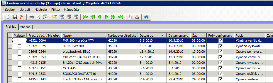 3.5.7 Evidenční kniha údržby Evidenční kniha údržby je základní dokument ke sledování průběhu odstraňování poruch a provedení oprav na jednotlivých strojích.