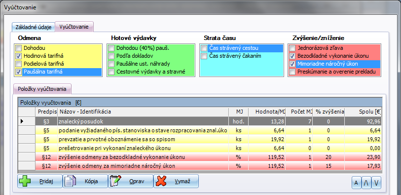 32 PRÍRUČKA K DEMOVERZIÁM ZNALECKÝCH PROGRAMOV Po zaškrtnutí boxu Bezodkladné vykonanie úkonu alebo Mimoriadne náročný úkon sa v tabuľke zobrazia náležitosti predpísané vyhláškou MS SR č. 565/2008 Z.