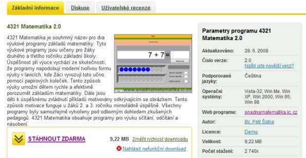 MANUÁL K PROGRAMU MATEMATIKA 2.0 Program na precvičovanie učiva z matematiky na nájdeme na stránke http://www.slunecnice.cz/sw/4321-matematika/.