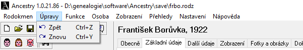 Hlavní menu Úpravy Zpět listuje provedenými příkazy dopředu Znovu - listuje provedenými příkazy dozadu Funkce Spojování rodokmenů - spoji dva rodokmeny a uloží pod novým jménem Kalkulačka dat provádí