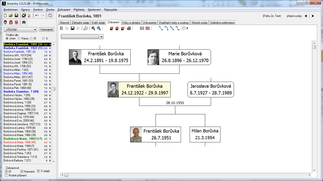 Karta Zobrazení Okno pro zobrazení různých genealogických tabulek vygenerovaných