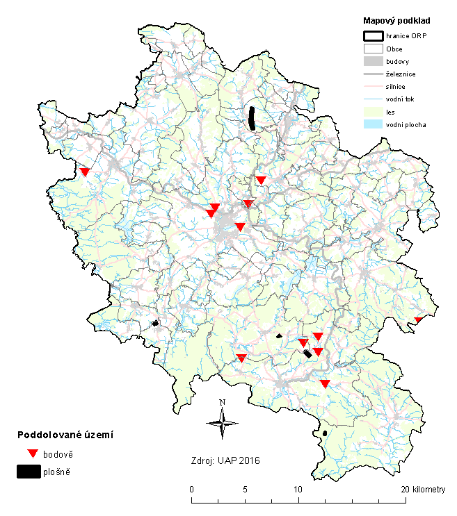 Mapa 2.2: Poddolované území v SO ORP Jindřichův Hradec Celkový počet 27 starých důlních děl je dalším limitujícím faktorem. Nejvíce z tohoto počtu je lokalizovaných v obci Okrouhlá Radouň.