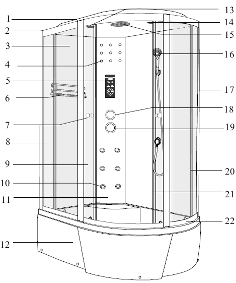 1 1 stříška (horní kryt) 2 horní kolejnice 3 zadní panel stěny 4 4 dekorativní osvětlení LED 5 5 elektronický ovládací panel 6 police 7 7 madla 8 8 boční pevná skla 9 9 posuvna skla 10 masážní panel