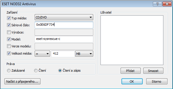 4.1.2.2 Nový / Změna filtru V tomto okně můžete vytvořit nebo změnit existující pravidlo filtrování. Zařízení Typ zařízení - Vyberte typ vyměnitelného zařízení ze seznamu (CD / DVD / USB).