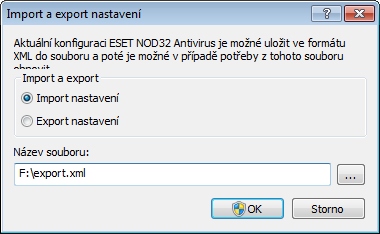 5.2 Import a export nastavení Import a export nastavení ESET NOD32 Antivirus je přístupný v části Nastavení. Import a export nastavení využívá soubory typu XML.