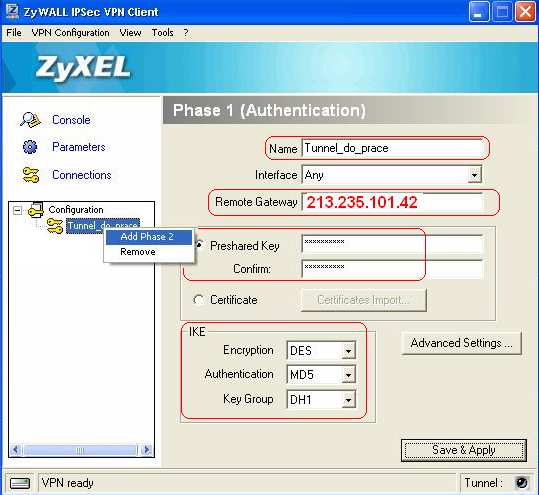 j. Vytvoříme Phase 1, kde vyplníme informace jako jsou: název tunelu, IP adresa, kam tunelem