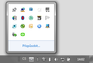 1.3. Zobrazení ikony aplikace SimStream na liště Posup se liší podle používaného operačního systému. 1.3.1. Windows 7 V oznamovací oblasti hlavního panelu systému Windows klikněte na malou šipku směřující nahoru, viz obrázek: Pozn.
