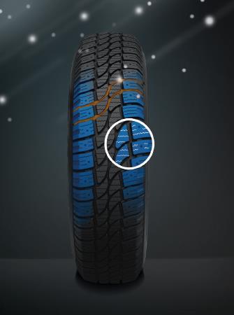 Odolné zimné pneumatiky pre dodávky a ľahké nákladné autá Pneumatiku charakterizuje asymetrický dezén s vysokou hustotou lamiel a dezénových drážok medzi blokmi dezénu.