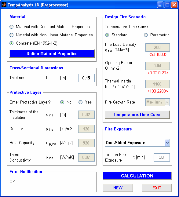 3 Zadání vstupních parametrů Pro zadání vstupních parametrů výpočtu slouží dialogové okno TempAnalysis 1D (Preprocessor), resp. TempAnalysis 2D