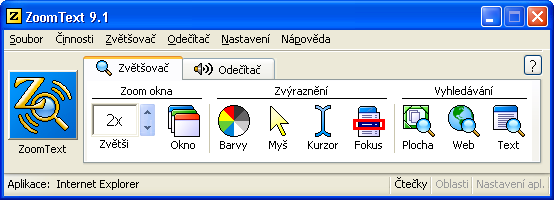 Uživatelské rozhraní programu Po spuštění programu se na obrazovce objeví uživatelské rozhraní ZoomTextu. Toto okno obsahuje veškeré ovládání programu.