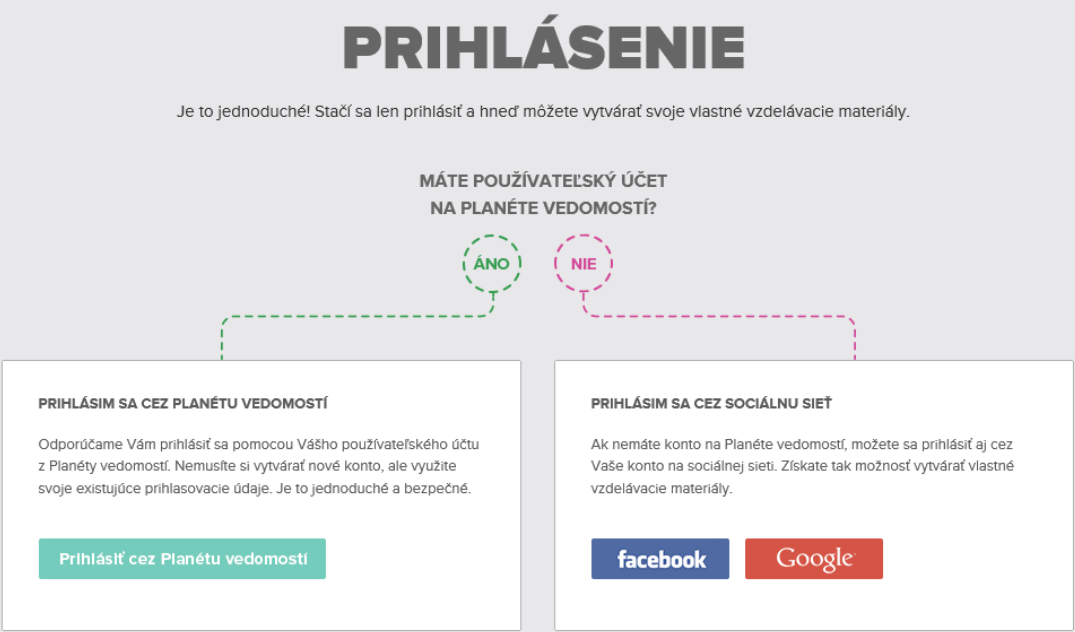 Po kliknutí na tlačidlo Prihlásiť (vpravo hore) aplikácia ponúka viacero možností prihlásenia: Bez prihlásenia je možné materiály len