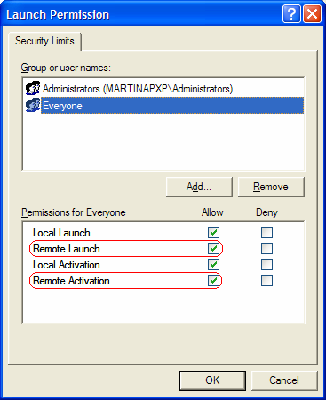 3. V dialogu Launch Permission povolte vzdálené spouštění a aktivaci (Remote Launch a Remote Activation) pro skupinu uživatelů Everyone.