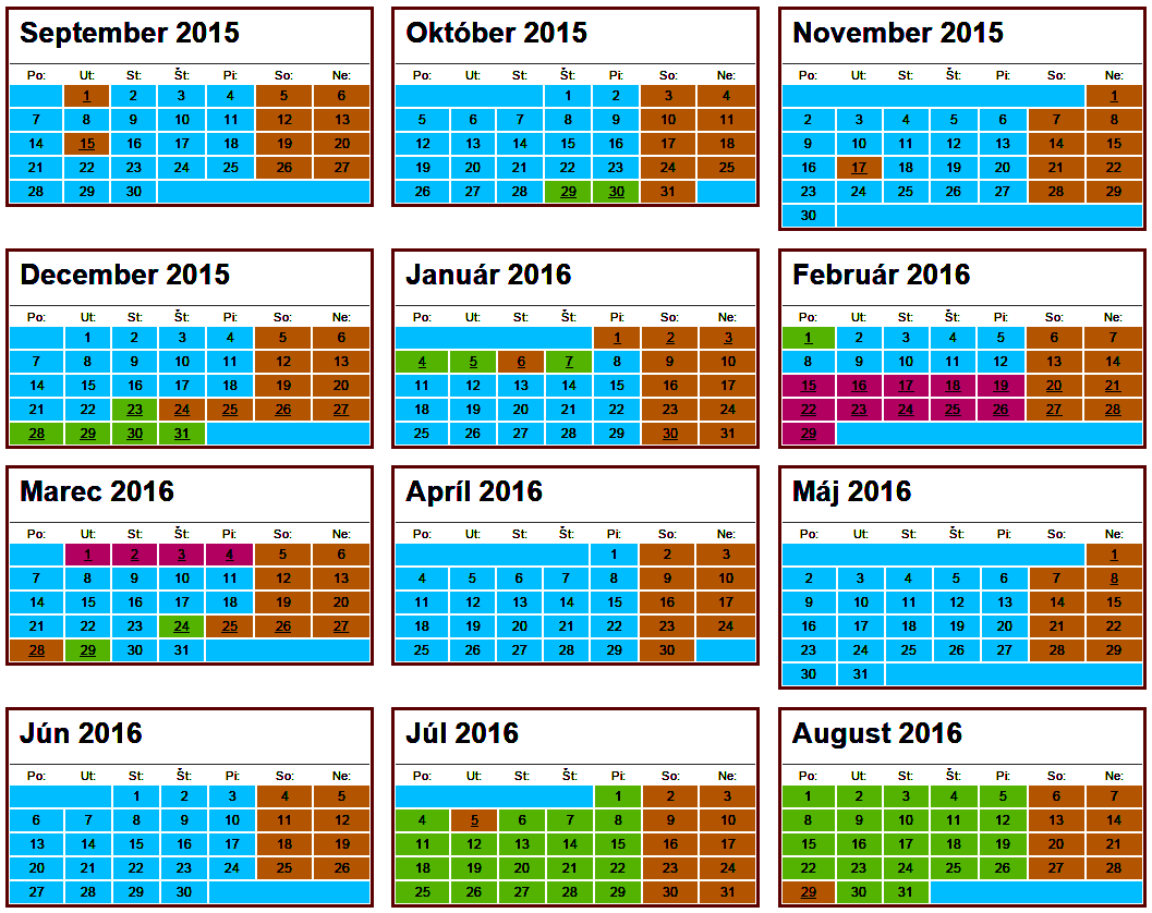 Školský kalendár pre školský rok 2015/2016 Termíny prázdnin Školské prázdniny Kraj Trvanie Jesenné prázdniny všetky 29. 10. 2015-30. 10. 2015 Vianočné prázdniny všetky 23. 12. 2015-7. 1. 2016 Polročné prázdniny všetky 30.