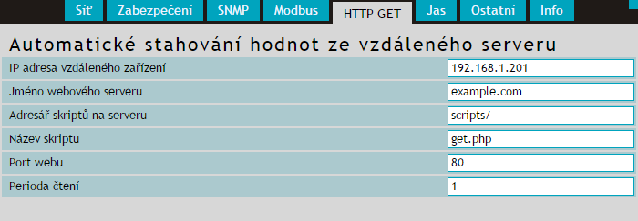 H t t p GET Parametry pro automatické čtení hodnot ze vzdáleného serveru pomocí Http GETu a XML. obr.