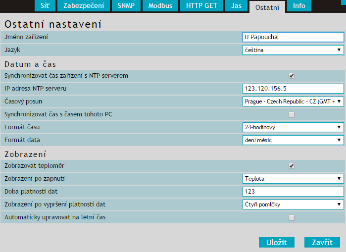 O s t a t n í Zde se nastavuje jméno zařízení, jazyk, datum a čas a některé další parametry. Jméno zařízení obr.