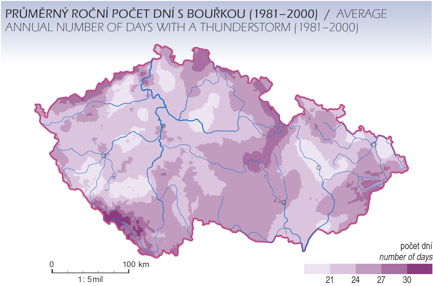 Obr. 3.3: Izokeraunická mapa bouřkových dní v ČR [26] Sběrná oblast pro údery do osamocené stavby: A d = L b W b + 6 H b (L b + W b ) + π (3H b ) 2 (3.