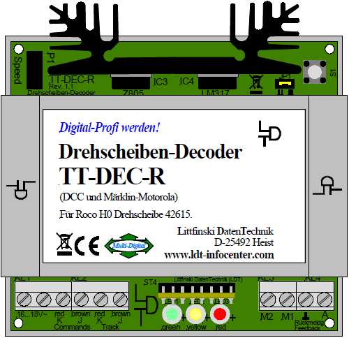 Pro datové formáty Märklin Motorola a DCC. Sada povelů kompatibilní s elektronikou točny Märklin 7686.