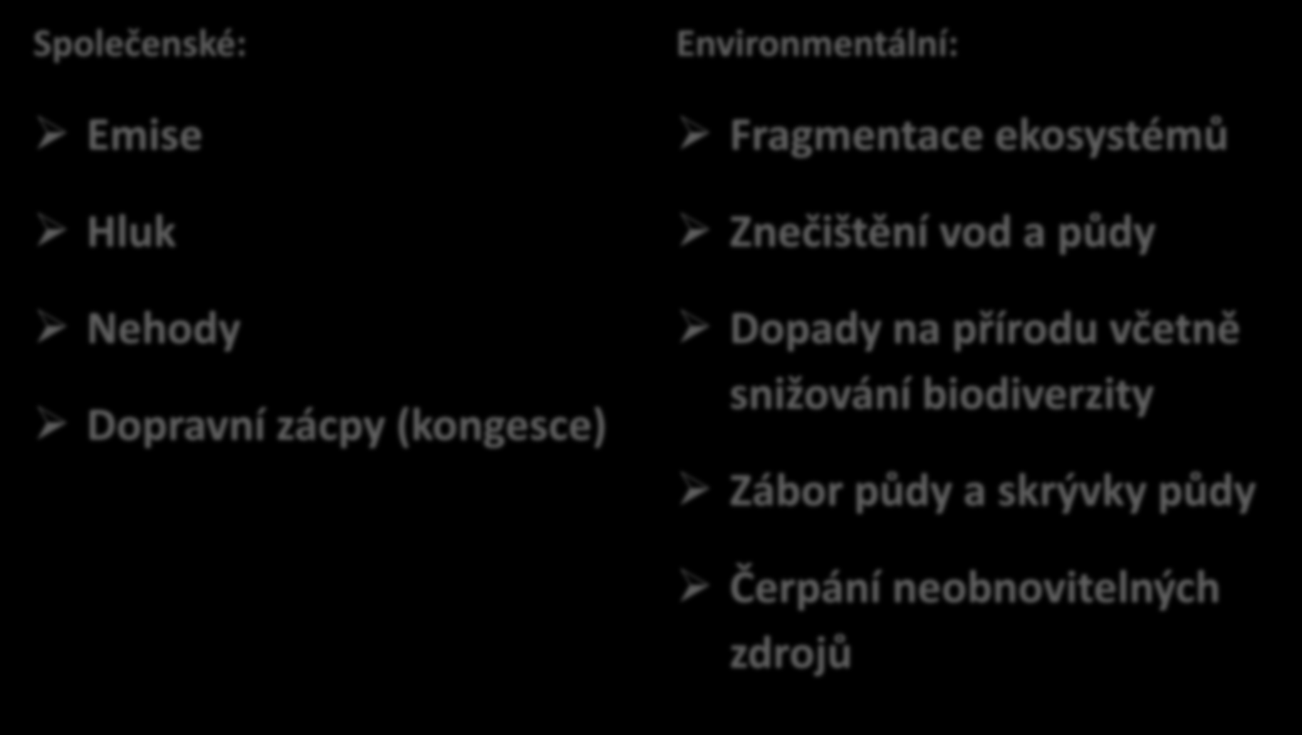 Podoby negativních dopadů dopravy Společenské: Emise Hluk Nehody Dopravní zácpy (kongesce) Environmentální: Fragmentace