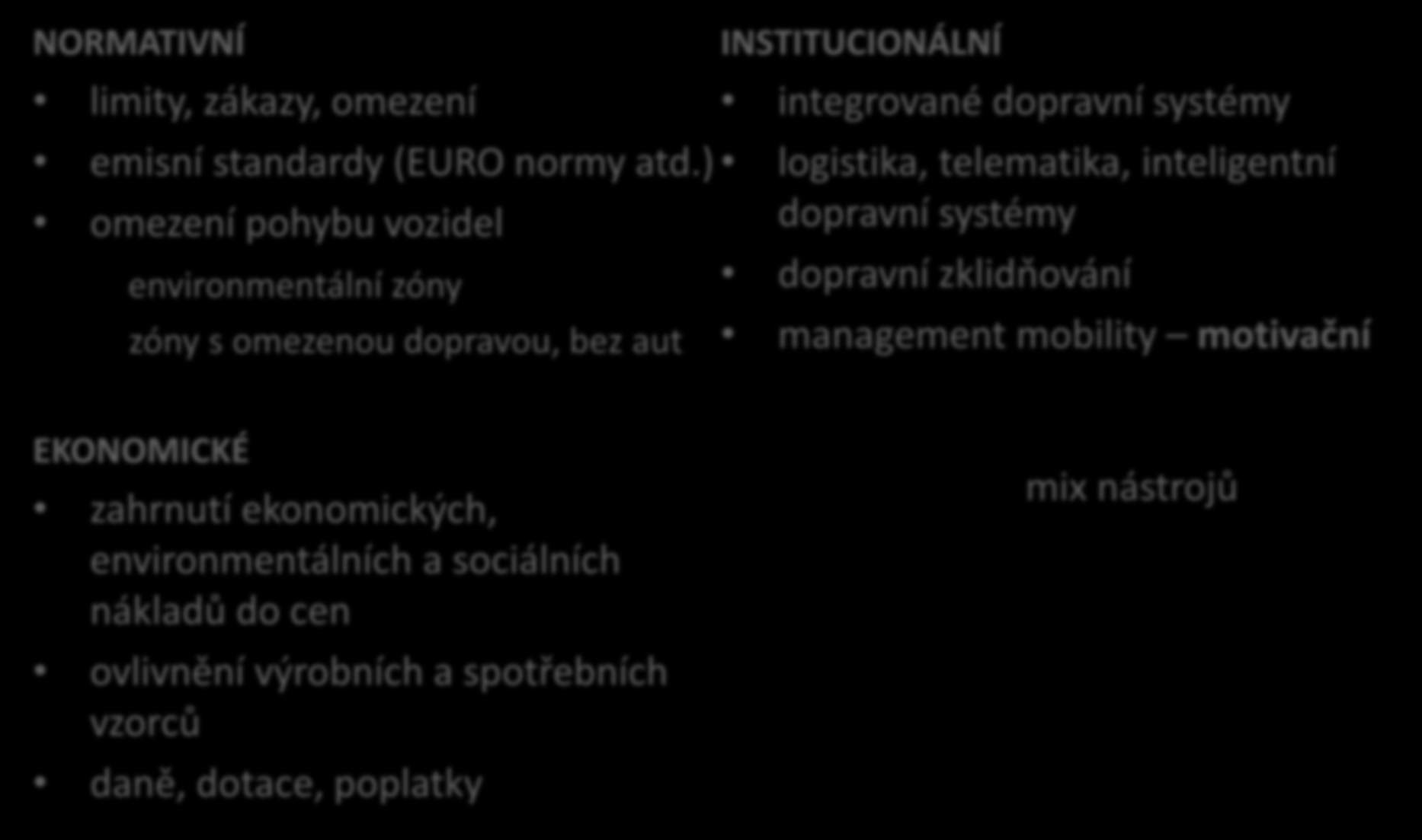 NORMATIVNÍ limity, zákazy, omezení Udržitelná doprava ve městech Nástroje dopravní politiky emisní standardy (EURO normy atd.