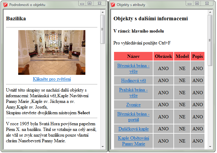 Obrázek 6: Okno s podrobnostmi o objektu a souhrnná tabulka 2. Názvy objektů slouží jako odkazy.