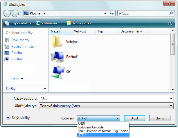 Obrázek 2: Uložení textového souboru v kódování UTF-8 (Poznámkový blok) 3. V dialogovém okně vyplňte příslušná vstupní pole (viz obr. 3).