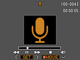 Přehrávání audiozáznamu 1. V režimu PLAY zobrazte pomocí tlačítek [4] a[6] soubor hlasového záznamu, který chcete přehrát. Místo snímku bude u souboru hlasového záznamu zobrazen symbol `. 2.