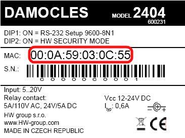 První kroky 1) Připojení kabelů Otočte krabičku a poznamenejte si MAC adresu zařízení, uvedenou na štítku zespodu Nastavte přepínače DIP1=Off, DIP2=Off.