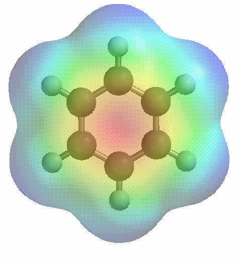Na základě porovnání počítačových modelů molekul anilinu a benzenu určete, k jakým interakcím dochází mezi aminoskupinou a benzenovým jádrem.